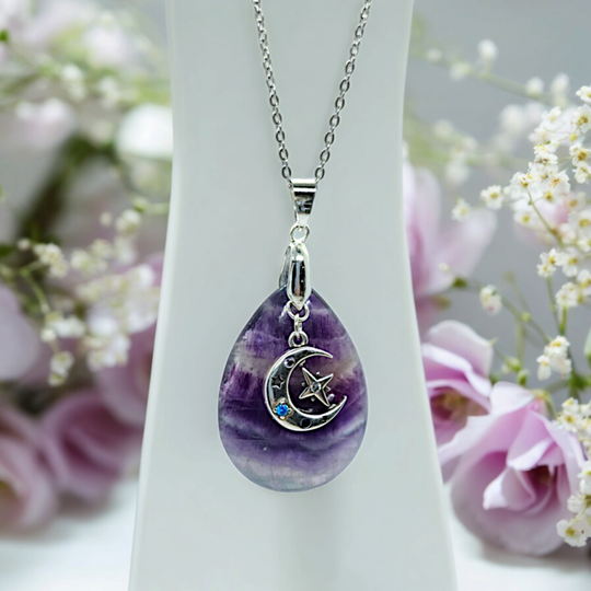 Rainbow fluorite pendant necklace with moon charm