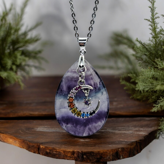 Teardrop fluorite pendant necklace with rainbow moon charm