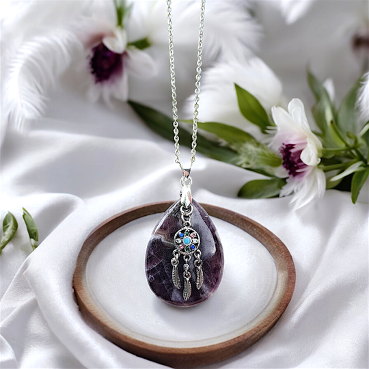 Water drop amethyst necklace will sterling silver and cubic zirconia dreamcatcher charm