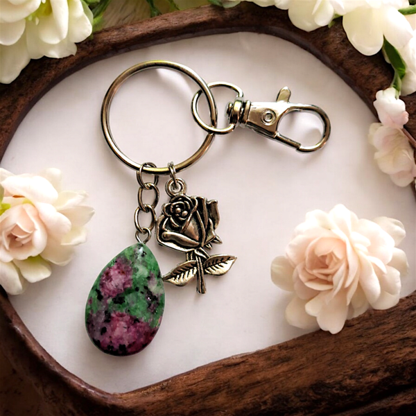 Natural ruby zoiste pendant keyring with antique silver rose charm