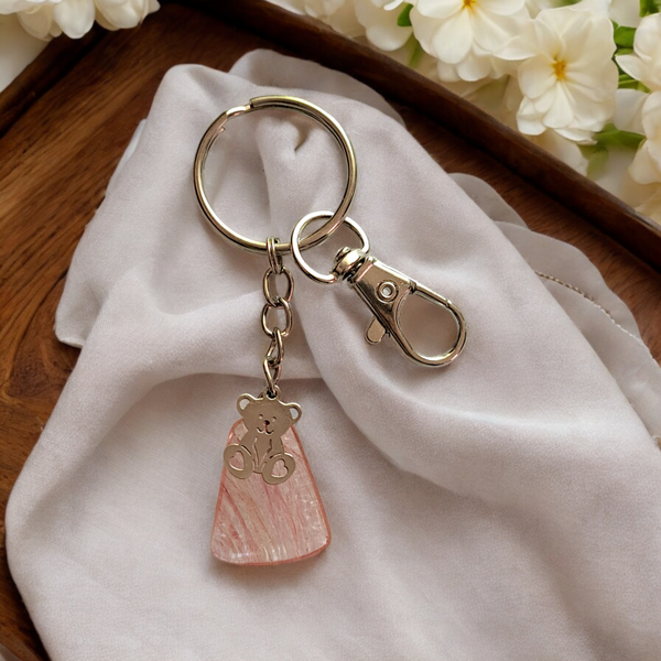 Natural strawberry quartz pendant keyring with stainless steel bear charm