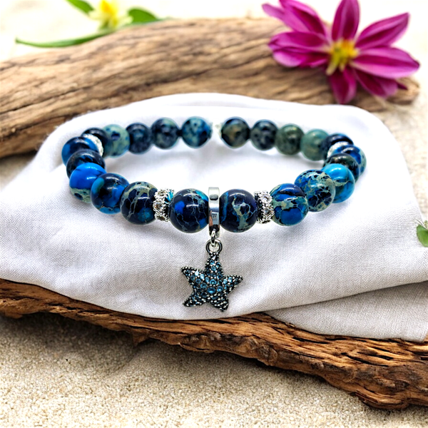 Imperial jasper 8mm beads bracelet with sterling silver starfish charm