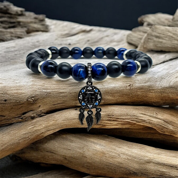 Frosted onyx and blue tiger's eye 8mm beads bracelet with sterling silver skull dreamcatcher charm