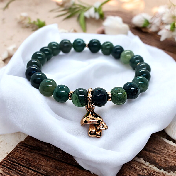 Moss agate 8mm beads bracelet with sterling silver, rose gold plated toadstool charm