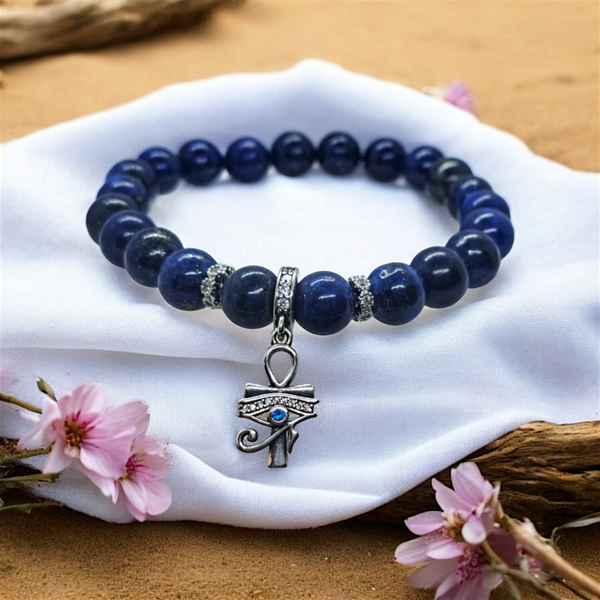 Lapis Lazuli beads bracelet with sterling silver Eye of the Horus charm