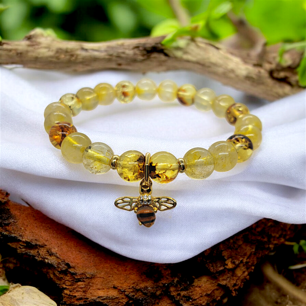 Handmade quartz and amber beads bracelet with honeybee charm, stretchy bracelet, gift idea for her