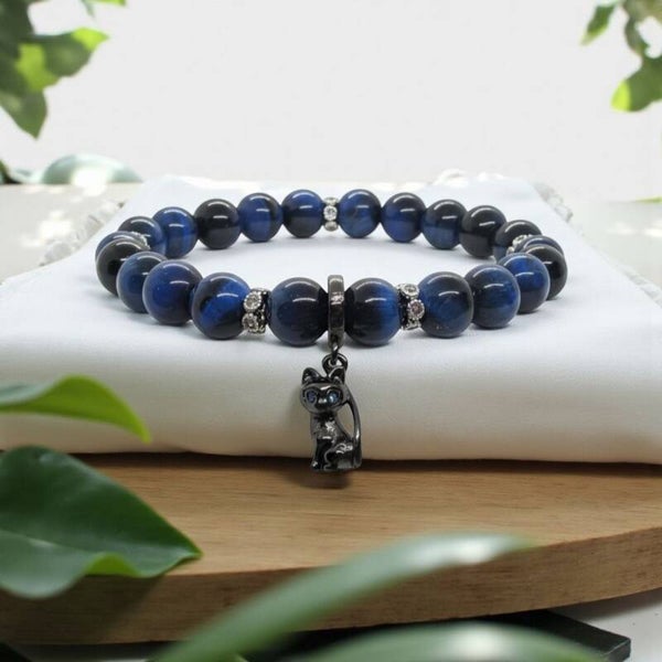 Blue tiger's eye beads bracelet with sterling silver cat charm