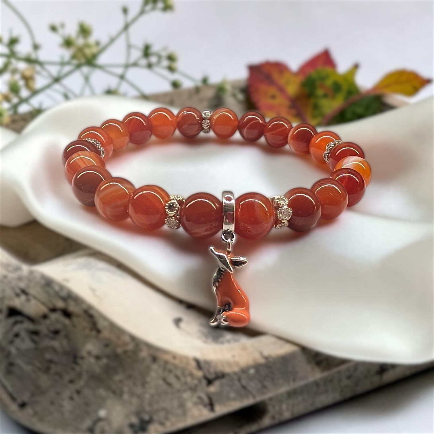 Fire agate beads bracelet with sterling silver fox charm