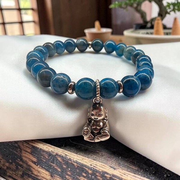 Blue Apatite Buddha Bracelet – Handmade 18cm