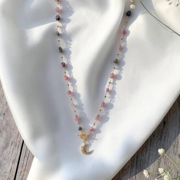 Tourmaline Hybrid Bracelet Necklace – Gold Plated Chain & Moon Charm