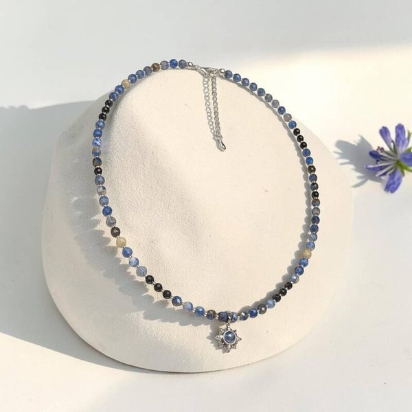 Lapis Lazuli & Black Tourmaline Gemstone Necklace with Sterling Silver Pendant