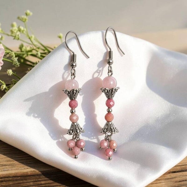 Pink Rhodonite & Rose Quartz Earrings – Antique Silver Gemstone Dangle Earrings