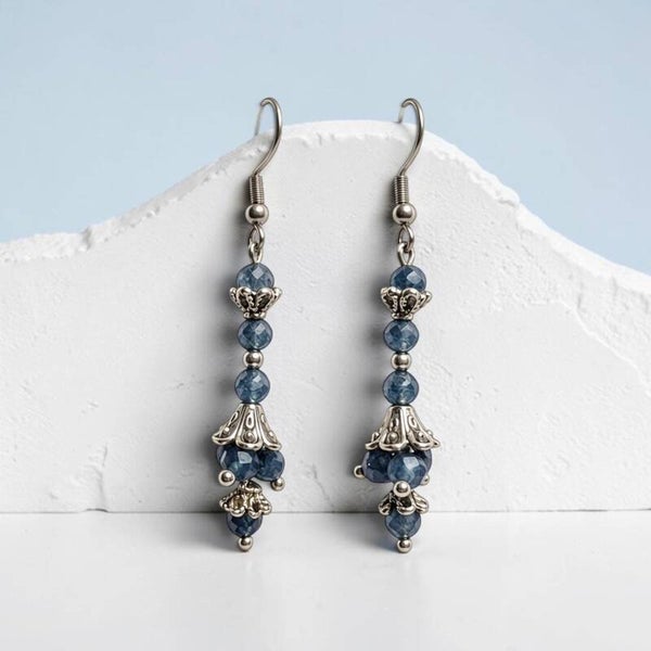 Blue Sapphire Drop Earrings with Antique Silver Flower Caps