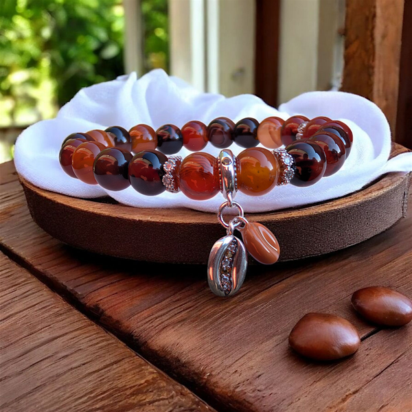 Coffee agate beads bracelet, sterling silver charm bracelet, handmade stretchy beads bracelet