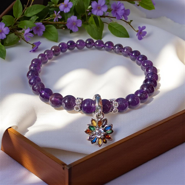 Amethyst beads bracelet with sterling silver colourful flower charm