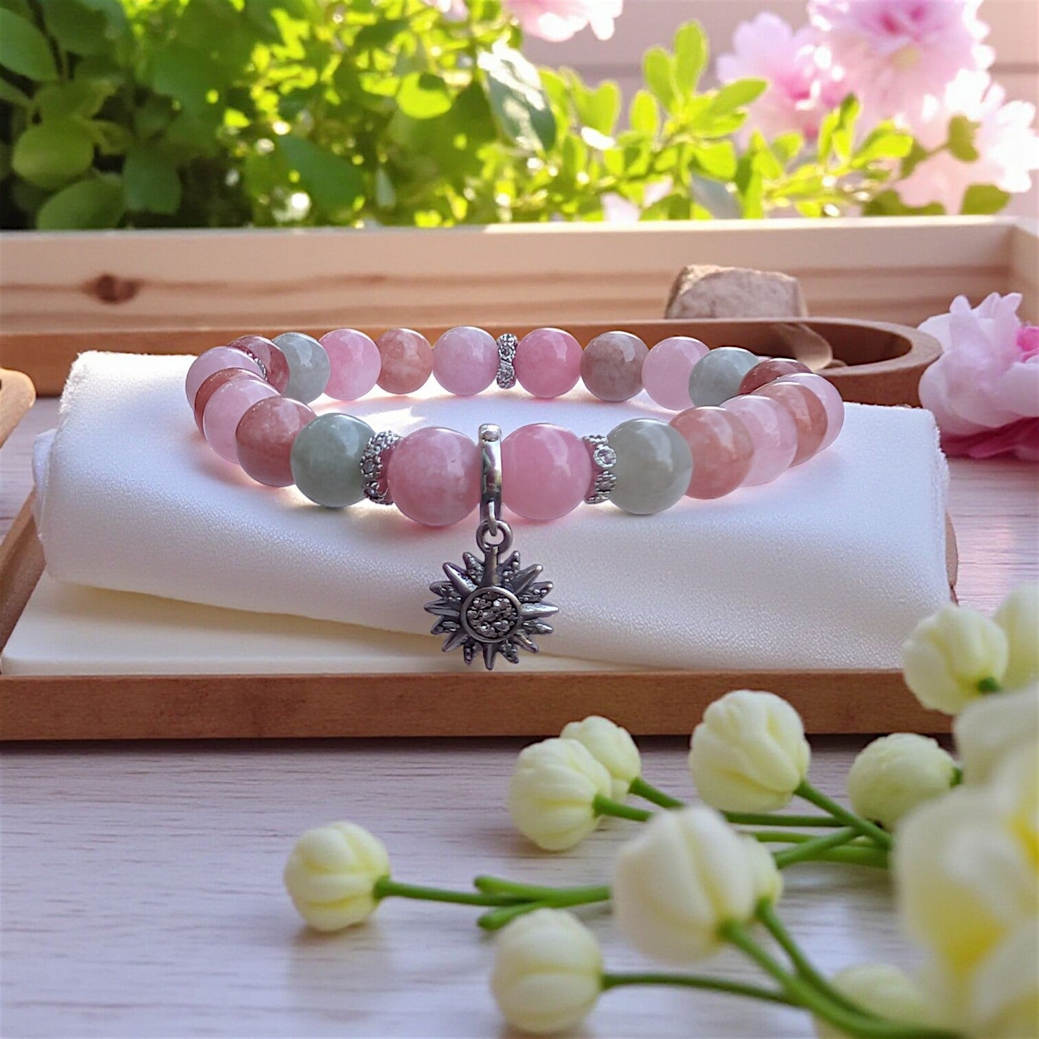 Colourful jade 8mm beads bracelet with sterling silver sun charm. Handmade beads bracelet.