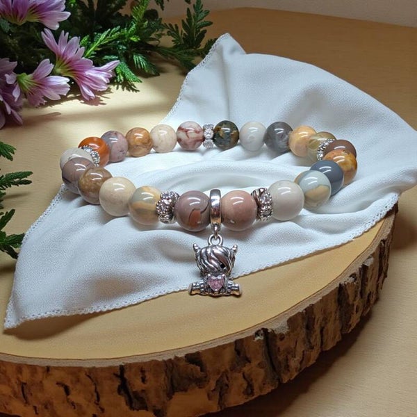 Alashan agate 8mm beads bracelet with sterling silver Highland cow charm