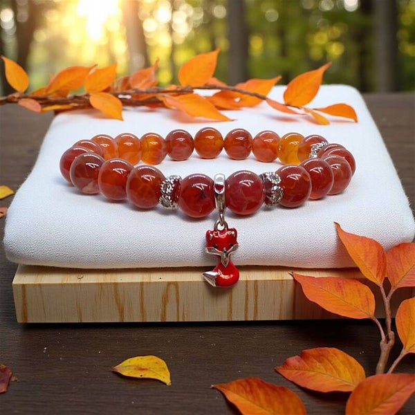 Fire agate beads bracelet with sterling silver fox charm