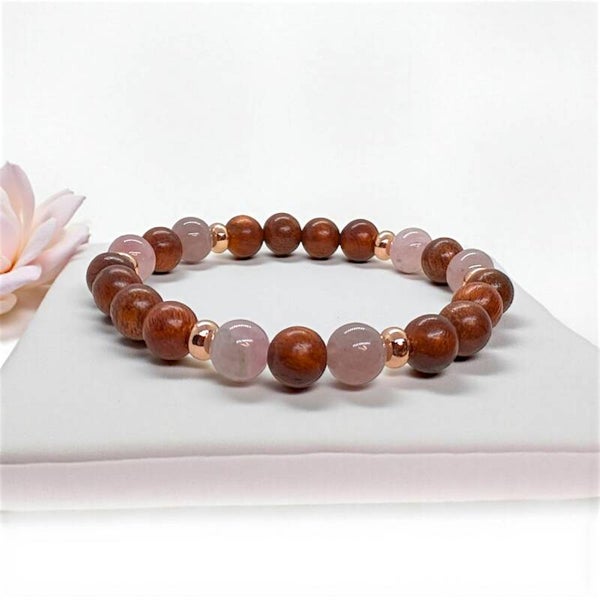 Rosewood and Madagascar rose quartz beads bracelet