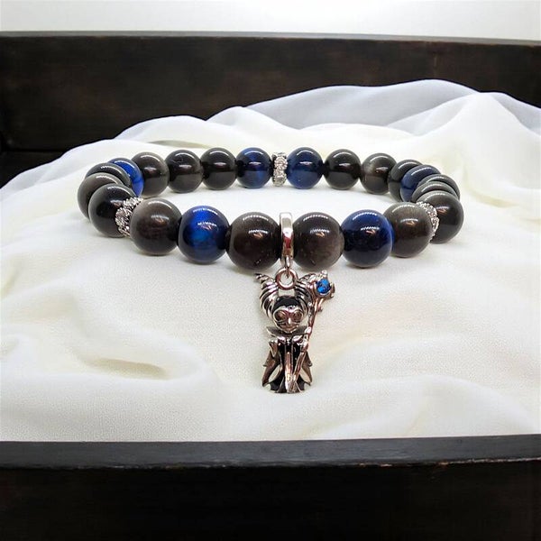 Silver sheen obsidian and blue tiger's eye beads bracelet with sterling silver witch charm