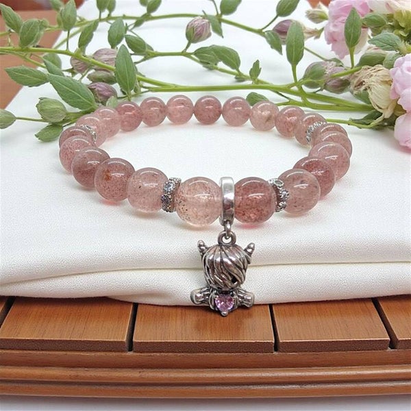 Handmade strawberry quartz beads bracelet with sterling silver highland cow charm