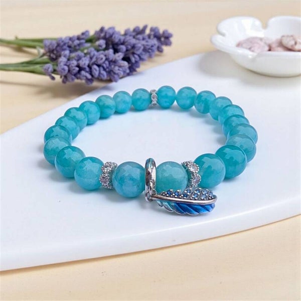 Handmade amazonite bracelet with sterling silver feather charm
