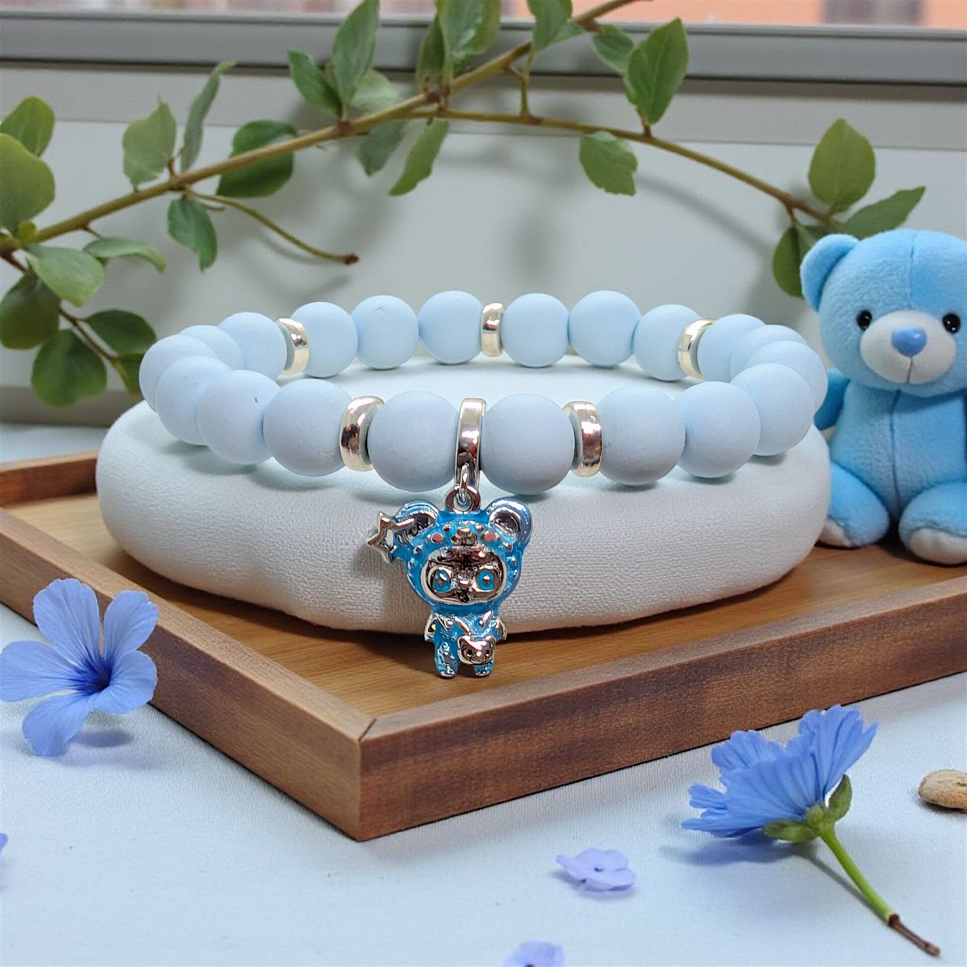 Acrylic beads bracelet with sterling silver charm - baby dolls series - bear