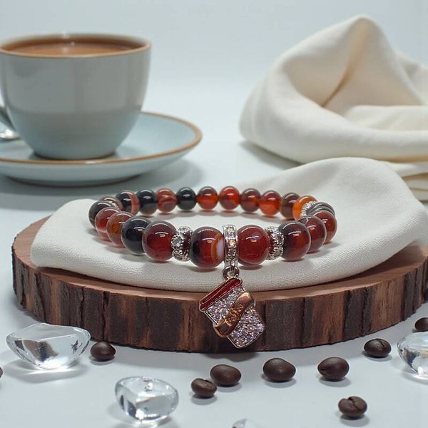 Handmade coffee agate beads bracelet with sterling silver cup charm