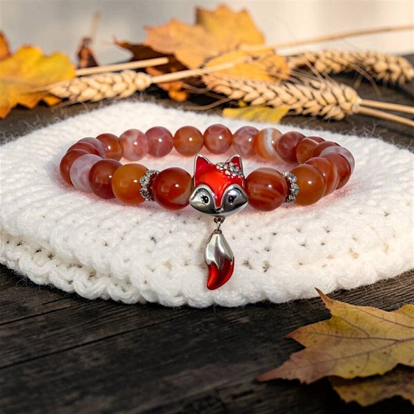 Orange agate beads bracelet with sterling silver fox charm