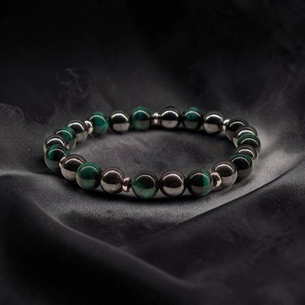 Green Tiger’s Eye & Hematite Beaded Bracelet – Handmade Stretch Bracelet