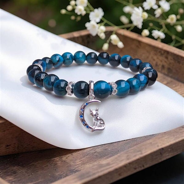 Blue Tiger’s Eye Fox & Moon Bracelet – Sterling Silver
