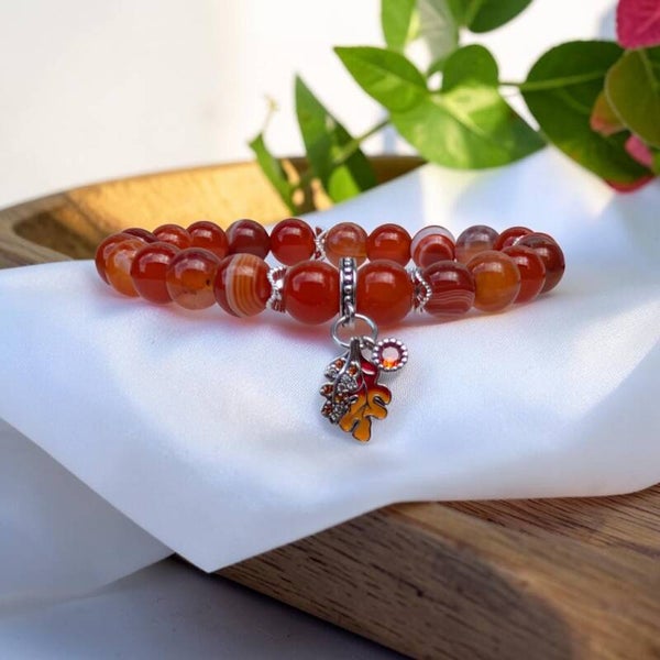 Acorn leaf charm orange agate beads bracelet