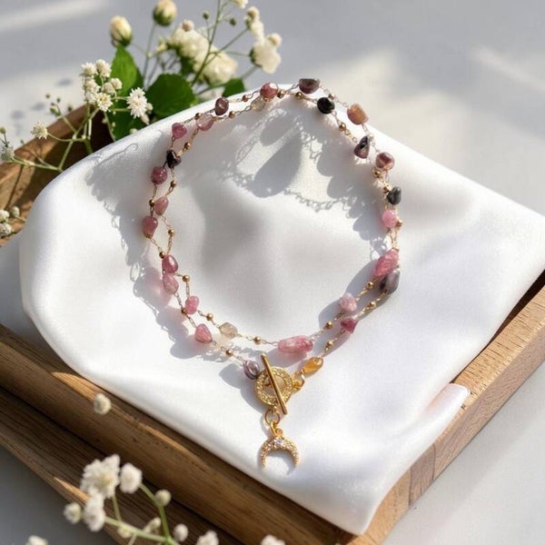 Tourmaline Necklace – Gold Plated Chain & Moon Charm