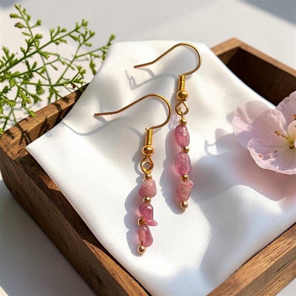 Handmade Pink Tourmaline Dangling Earrings | Gold Plated Gemstone Earrings