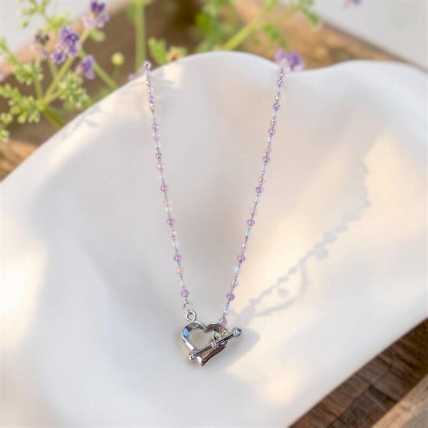 Handmade Blue, Purple & Pink Crystal Beaded Necklace with Heart Toggle