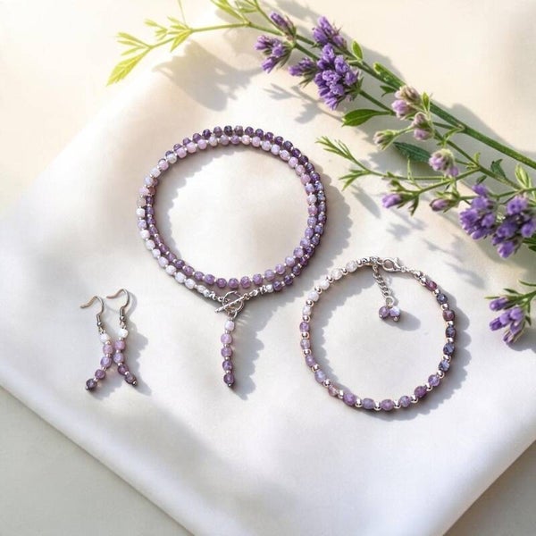 Natural Amethyst Jewellery Set – Handmade Gradient Amethyst Necklace, Bracelet & Dangle Earrings