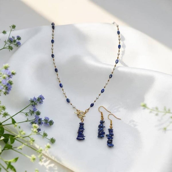 Handmade Lapis Lazuli Necklace and Earrings Set – Gold Plated Chain & Pearl Detail