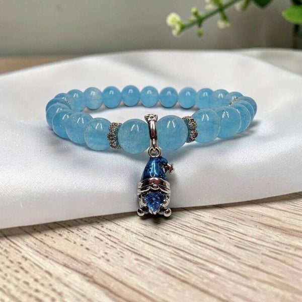 Handmade aquamarine beads bracelet with sterling silver gnome charm