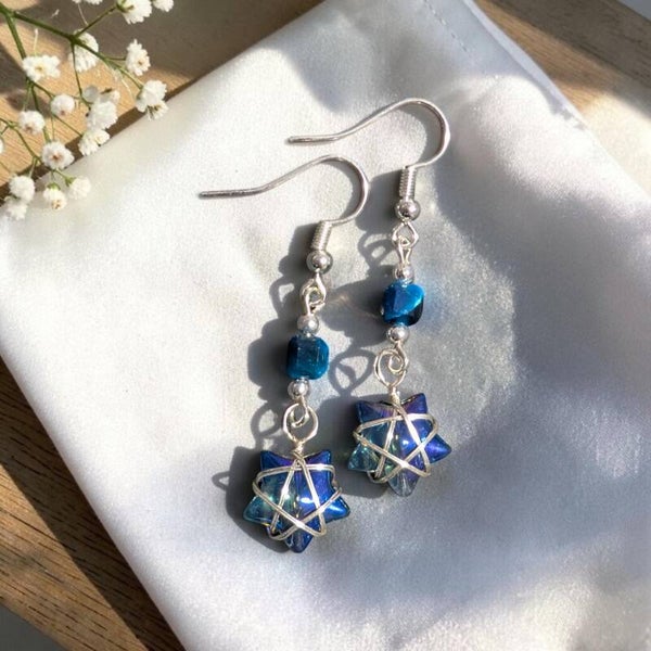 Galaxy blue star charms earrings with tiger's eye beads