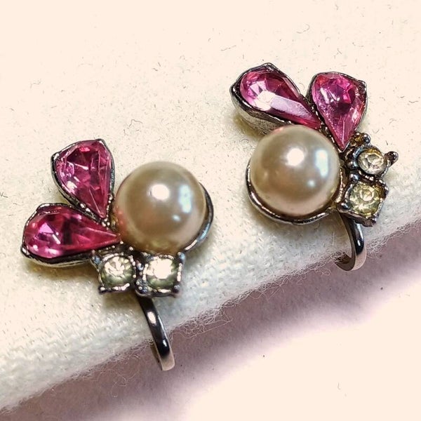 Roze strass parel oorbellen 50s