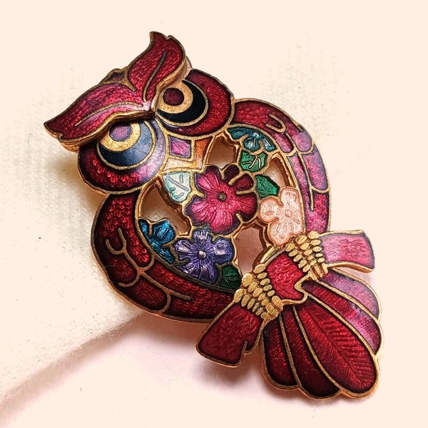 Cloisonné uil bloemen broche 70s