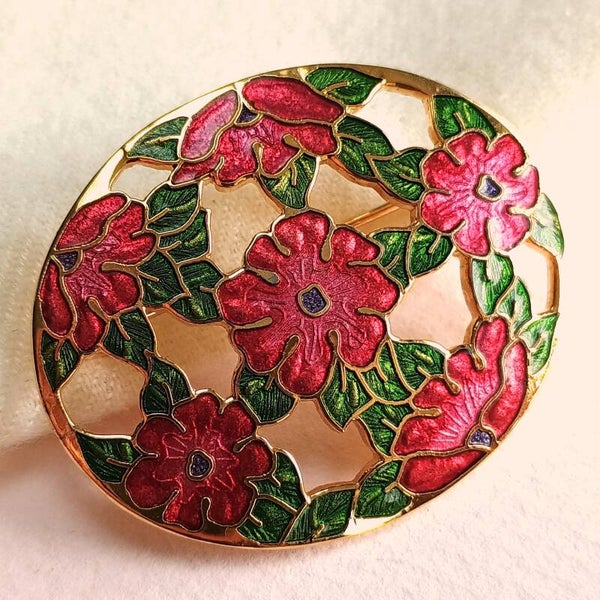 Rode bloemen cloisonné broche 80s