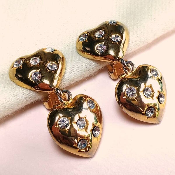 Vergulde harten strass oorbellen 80s