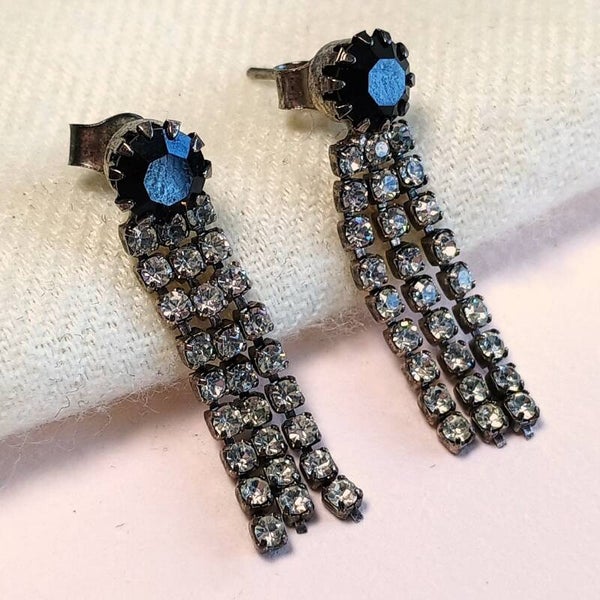 Zwarte heldere strass oorbellen 80s