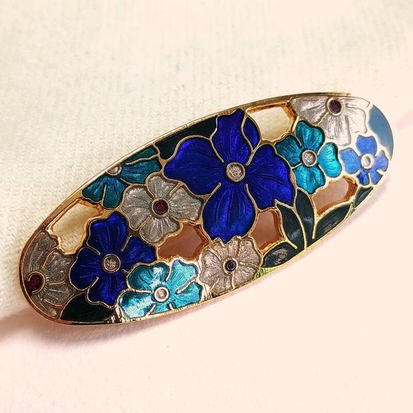 Gesigneerde cloisonné blauwe bloemen broche 80s