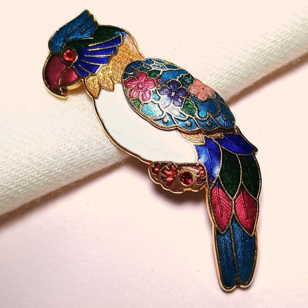 Cloisonné bonte papegaai broche 70s