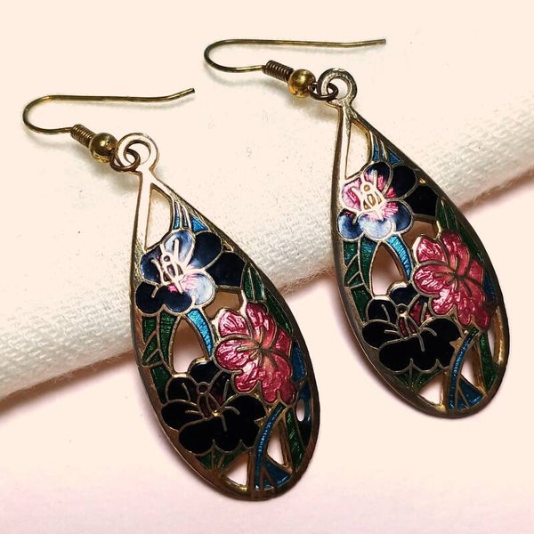 Cloisonné bloemen oorbellen 70s