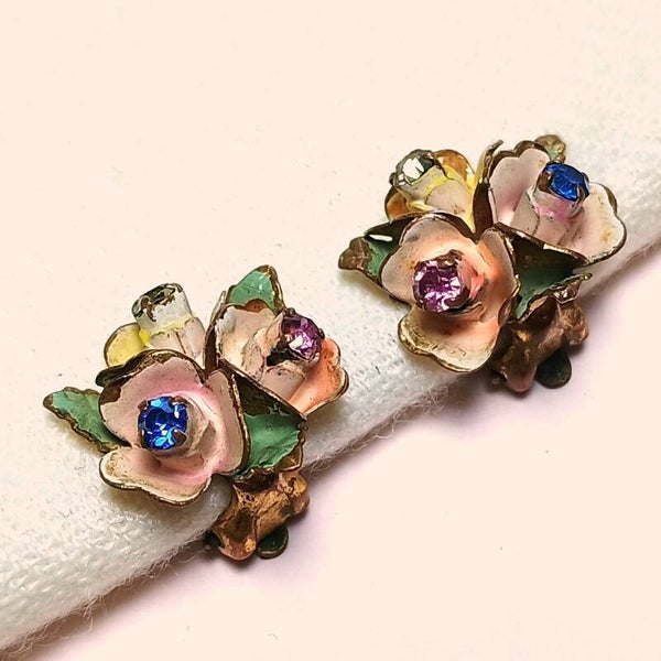 Beschilderde bloemen strass oorbellen 40s