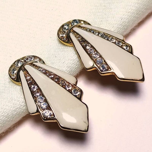 Crème emaille strass oorbellen 80s