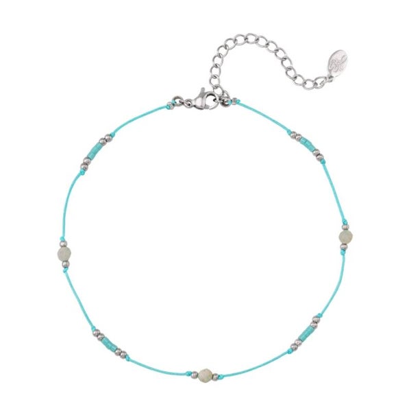 Enkelband koord kleuren&kralen turquoise extra dun